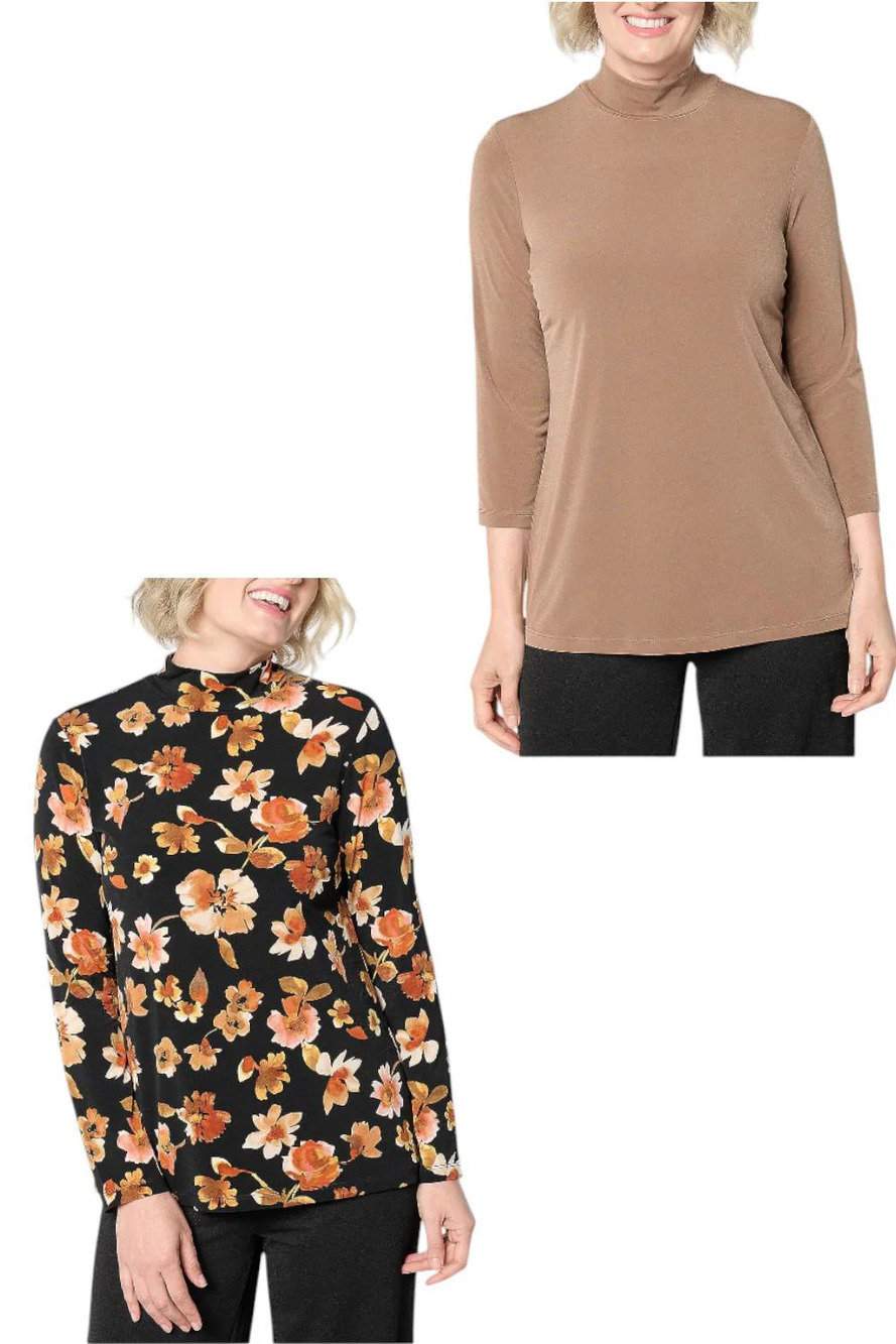 Susan Graver Women's 2pk Print & Solid Mock Neck Tops Spice/Mocha - Plus